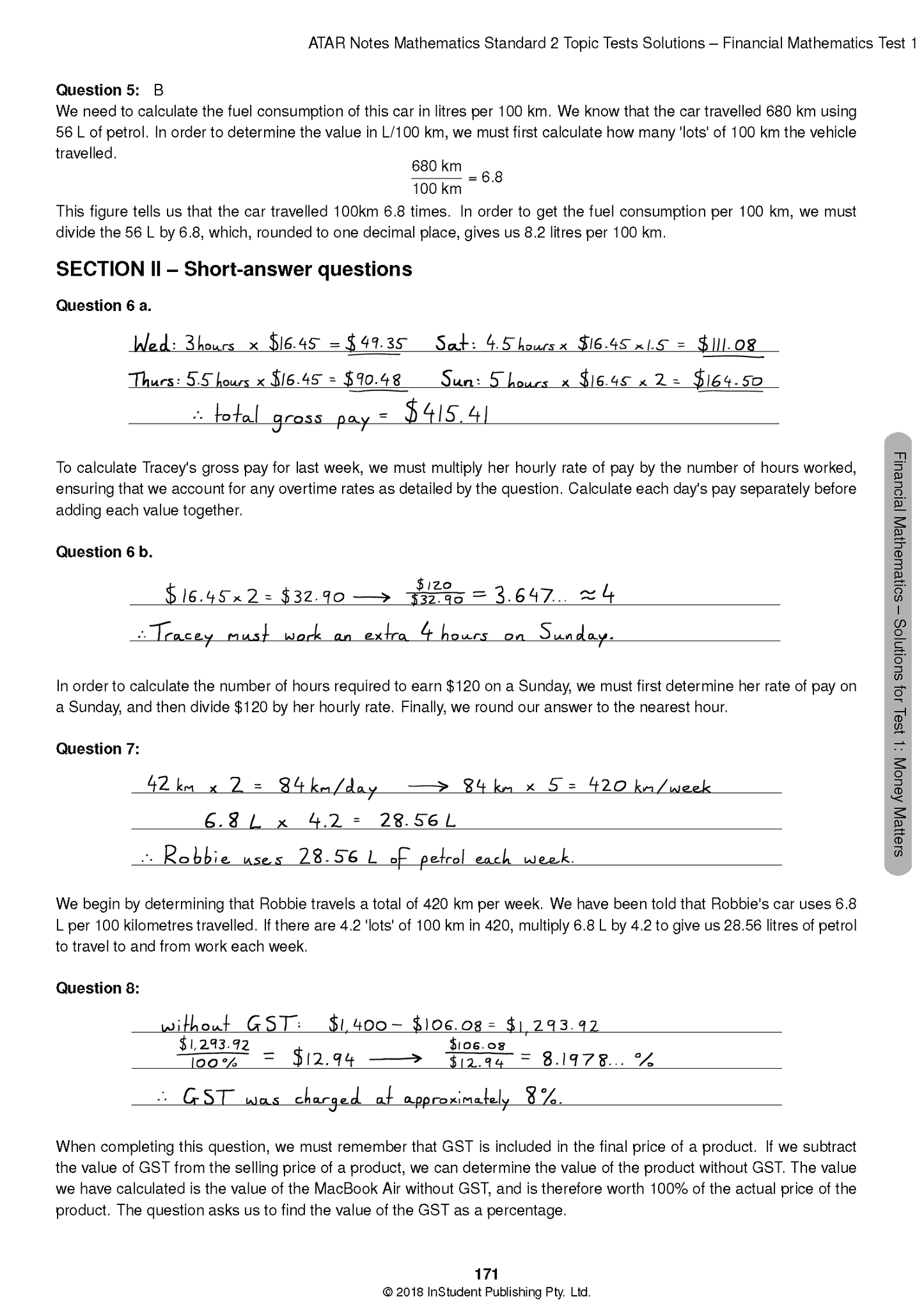HSC Year 12 Mathematics Standard 2 Topic Tests for 2024-2026 by ATAR Notes, a white document displaying handwritten financial mathematics solutions.
