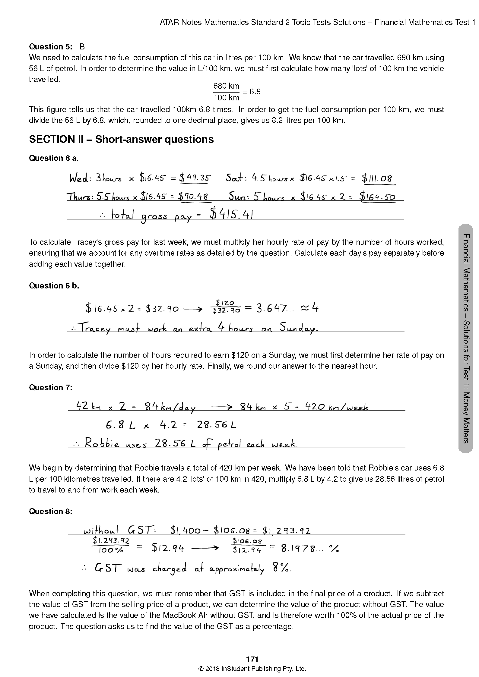 HSC Year 12 Mathematics Standard 2 Topic Tests for 2024-2026 by ATAR Notes, a white document displaying handwritten financial mathematics solutions.