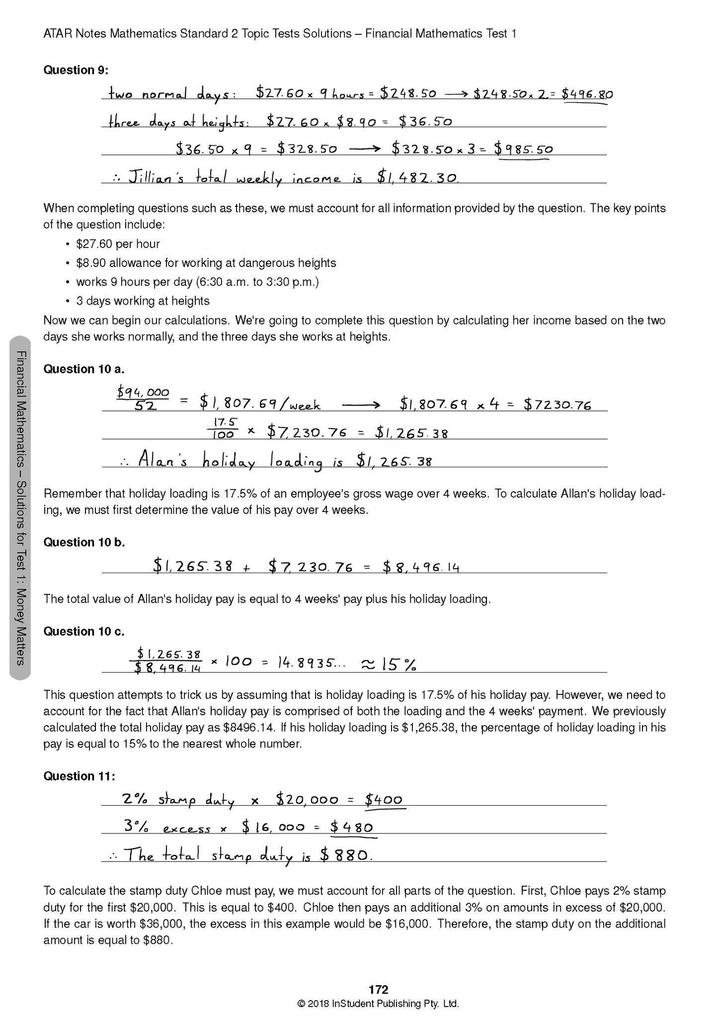 HSC Year 12 Mathematics Standard 2 Topic Test pages for 2024-2026 by ATAR Notes, showing solved financial problems.