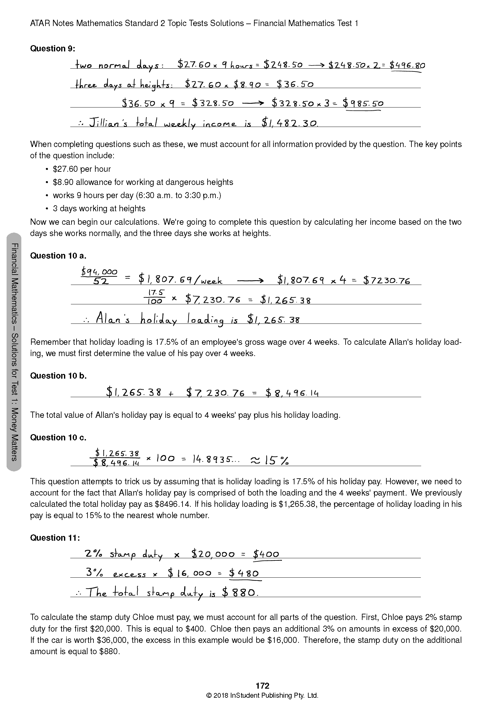 HSC Year 12 Mathematics Standard 2 Topic Test pages for 2024-2026 by ATAR Notes, showing solved financial problems.