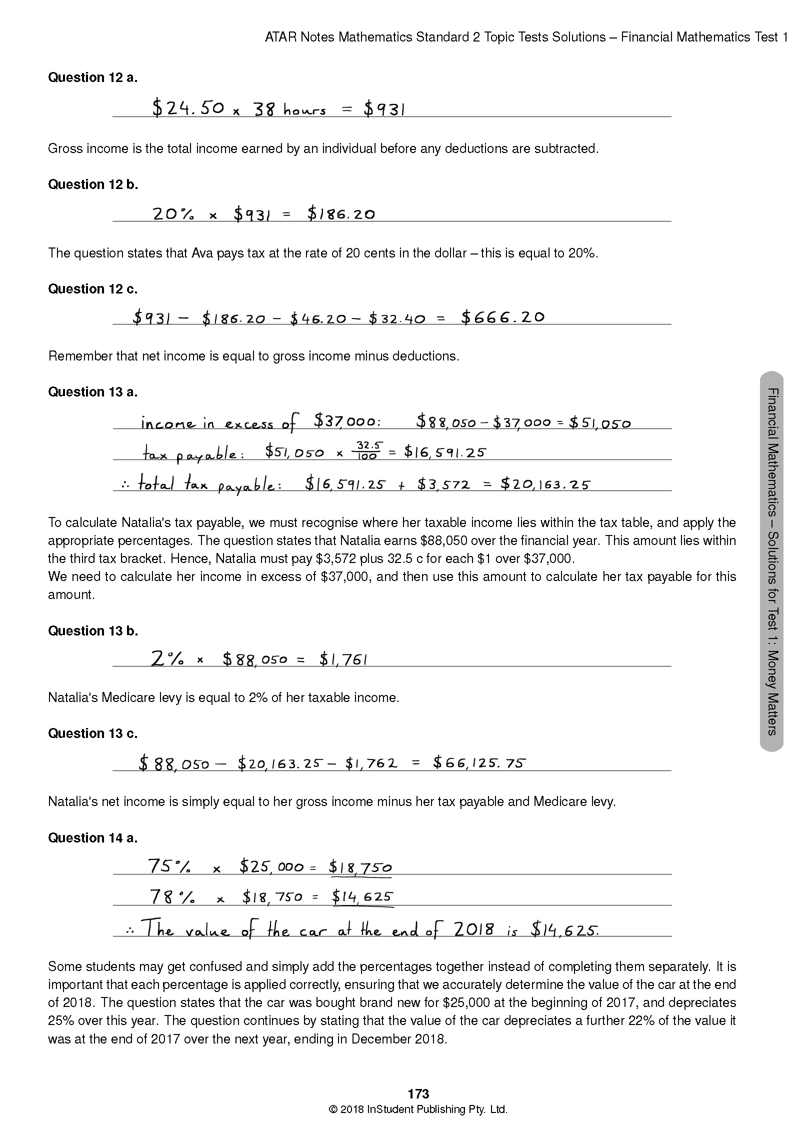 HSC Year 12 Mathematics Standard 2 Topic Tests by ATAR Notes, displaying handwritten solutions to financial mathematics problems.