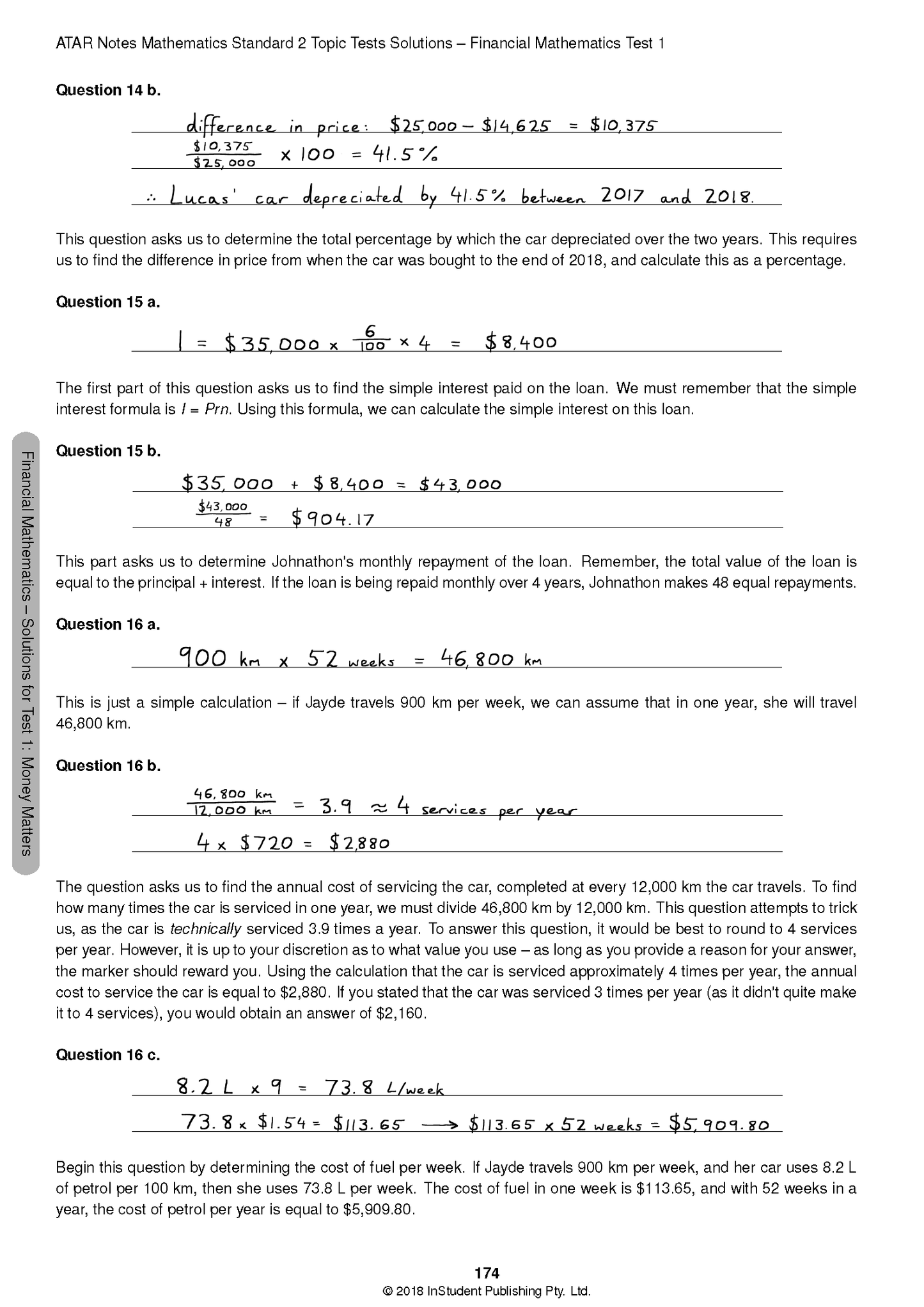 Mathematics Topic Tests solutions pages by ATAR Notes featuring printed questions and handwritten mathematical solutions, in a cropped view.