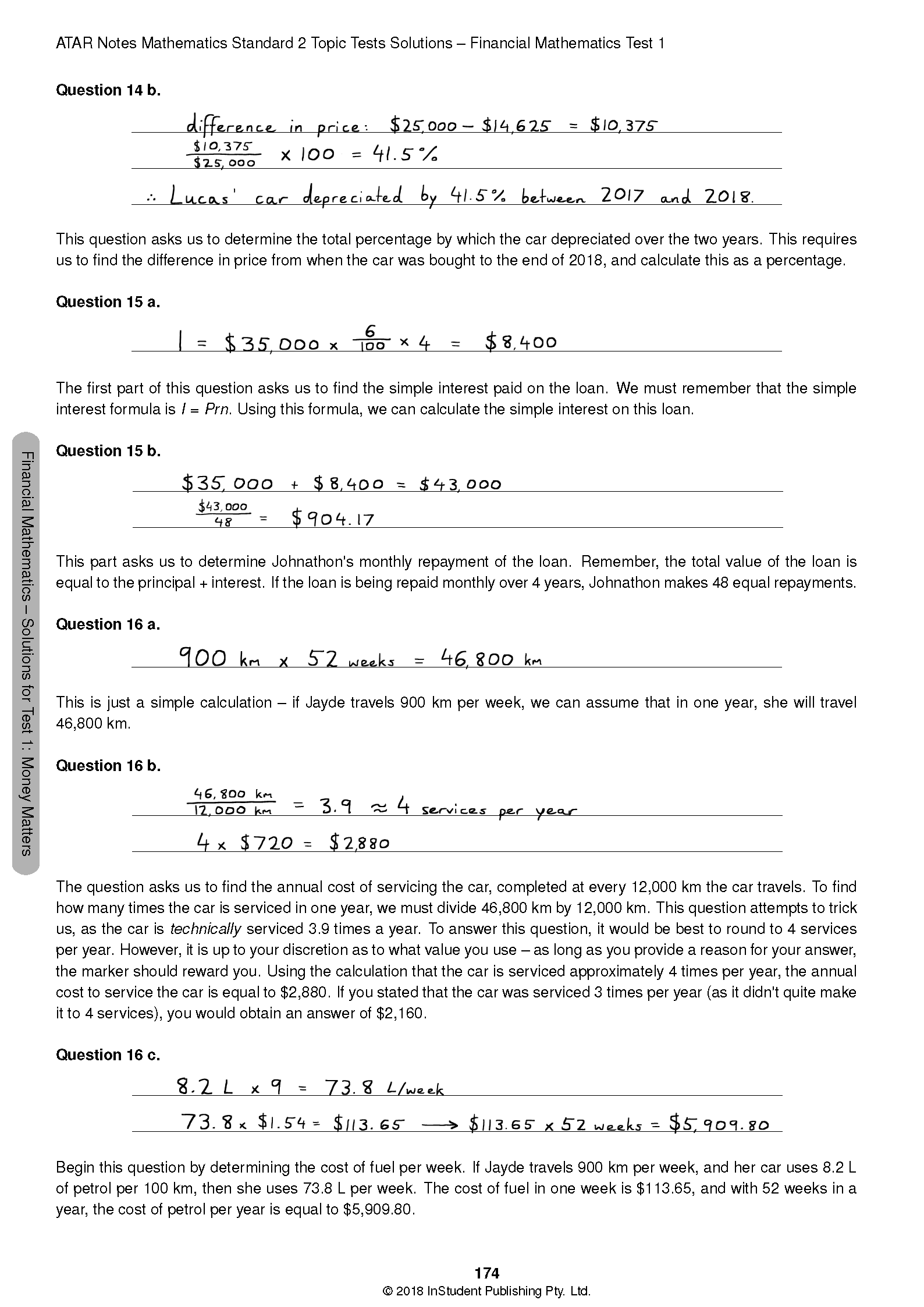 Mathematics Topic Tests solutions pages by ATAR Notes featuring printed questions and handwritten mathematical solutions, in a cropped view.