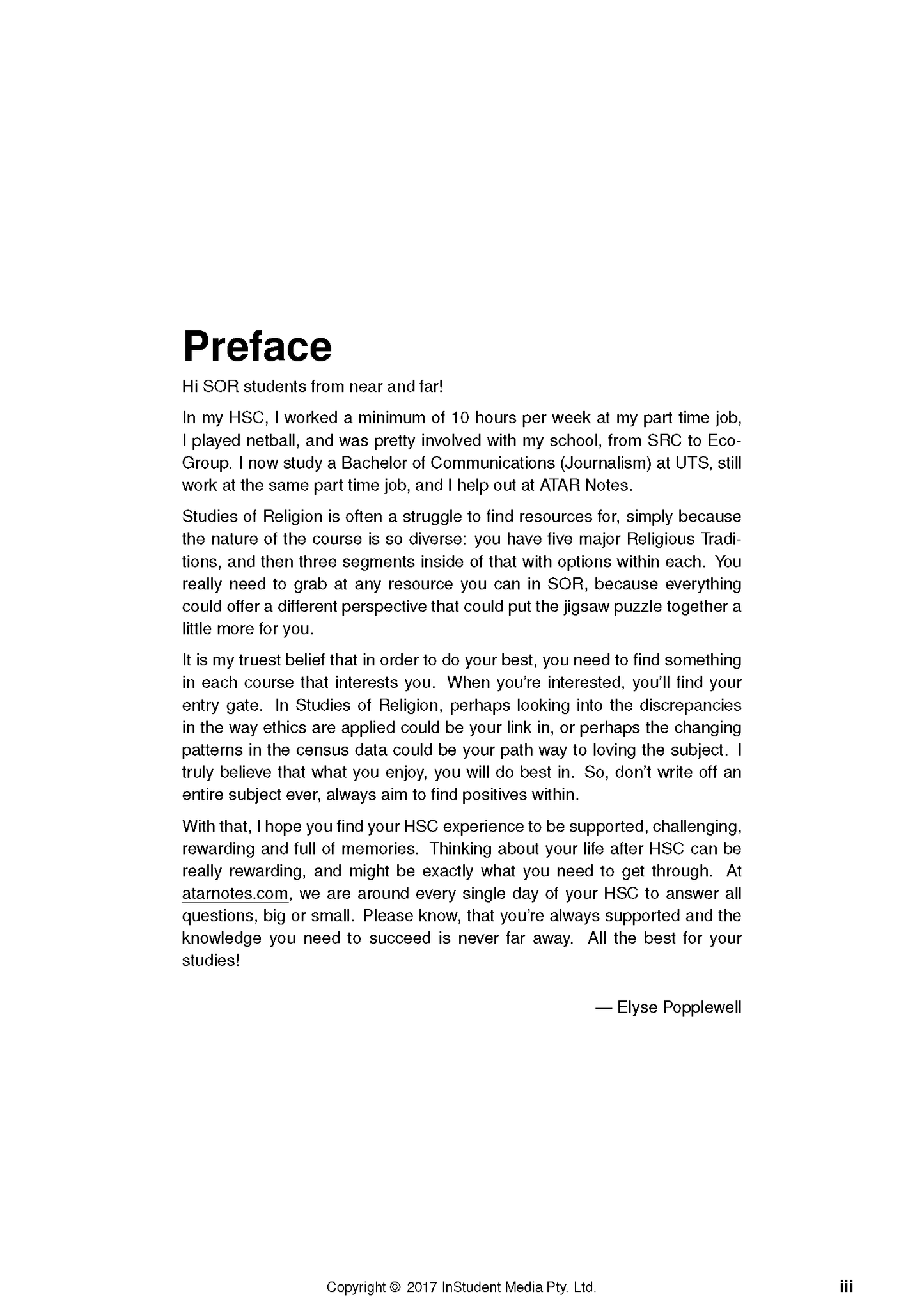 HSC Studies of Religion Course Notes page by ATAR Notes, displaying the preface with black text on a white background, including a signature and copyright notice.