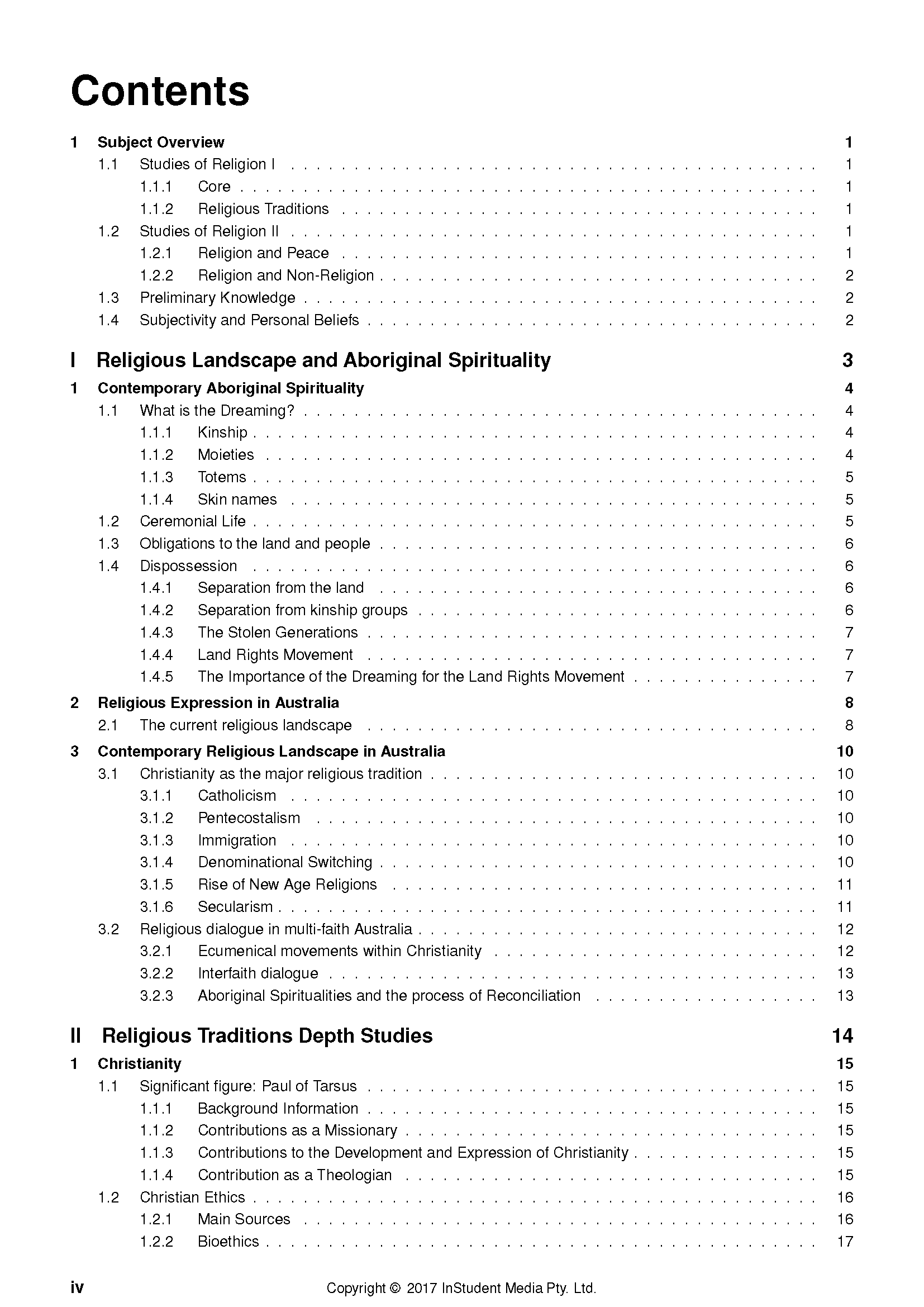 Course notes showing a table of contents by ATAR Notes, with black text and numerical sections on a white background.