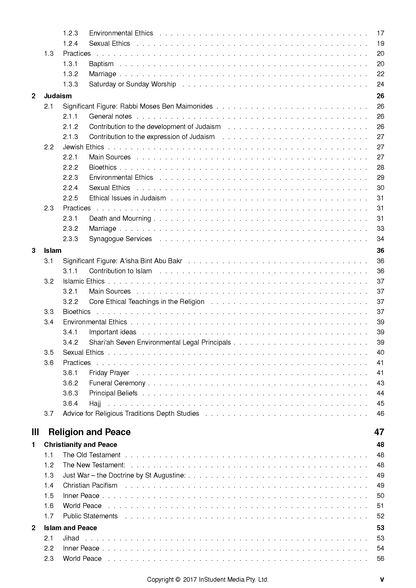 Course notes by ATAR Notes, displaying a table of contents page with sections on Judaism, Islam, and Religion and Peace.