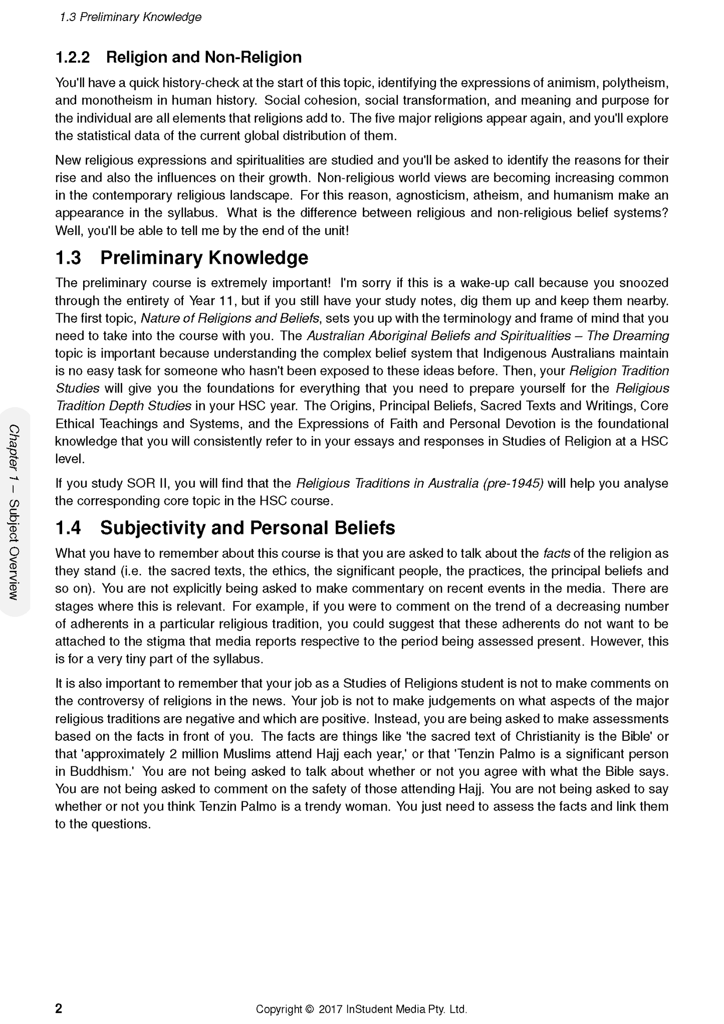 Course notes page by ATAR Notes showing text sections on 'Religion and Non-Religion' and 'Preliminary Knowledge' with a grey sidebar.