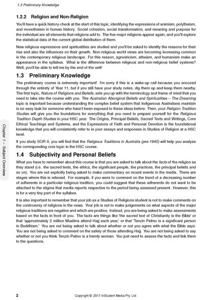 Course notes page by ATAR Notes showing text sections on 'Religion and Non-Religion' and 'Preliminary Knowledge' with a grey sidebar.