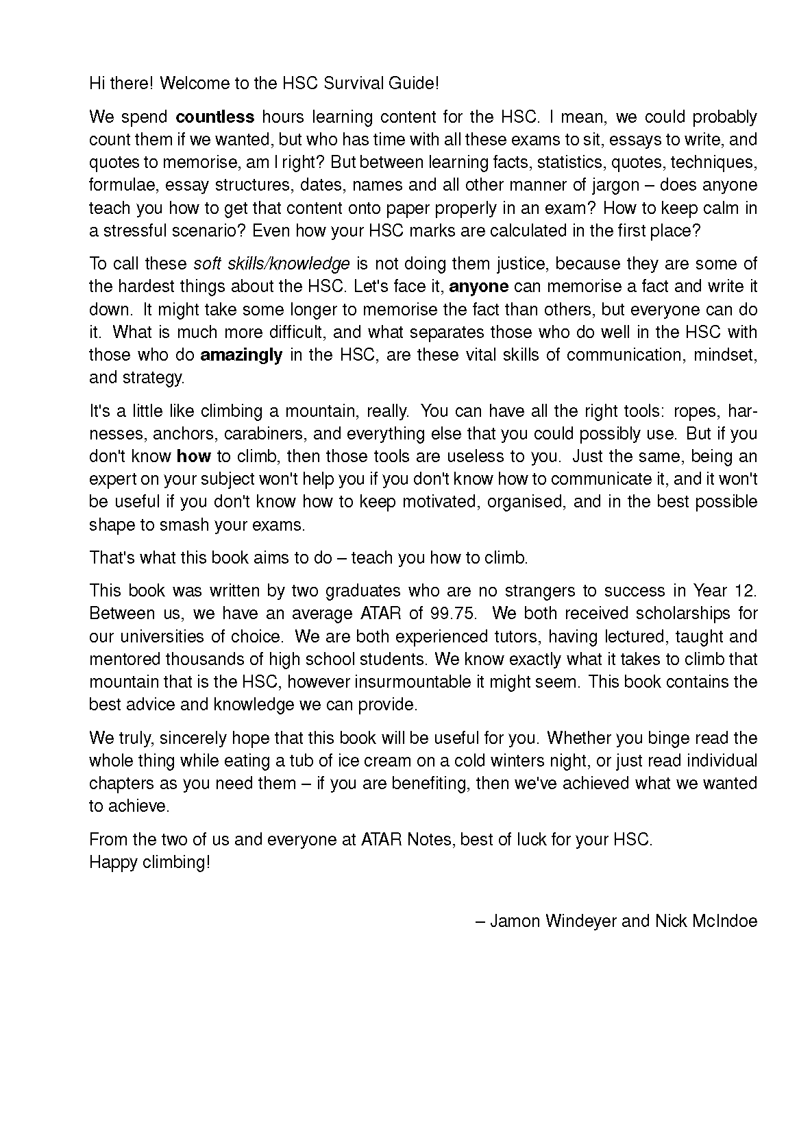 HSC Survival Guide introductory text page by ATAR Notes, white with black font, signed by Jamon Windeyer and Nick McIndoe.