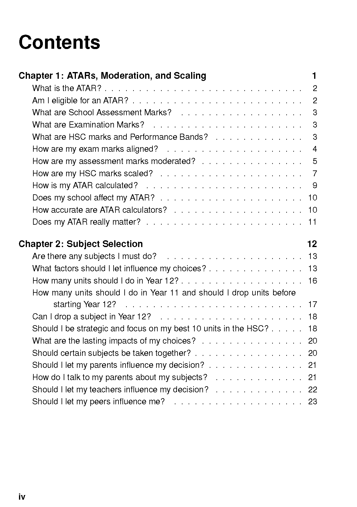 Contents page from an HSC Survival Guide by ATAR Notes, with black text on white, listing chapters on ATARs and subject selection.