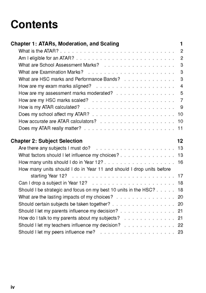 Contents page from an HSC Survival Guide by ATAR Notes, with black text on white, listing chapters on ATARs and subject selection.