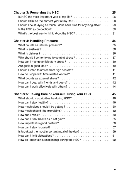 HSC Survival Guide by ATAR Notes, showing a printed table of contents with chapter titles and page numbers.