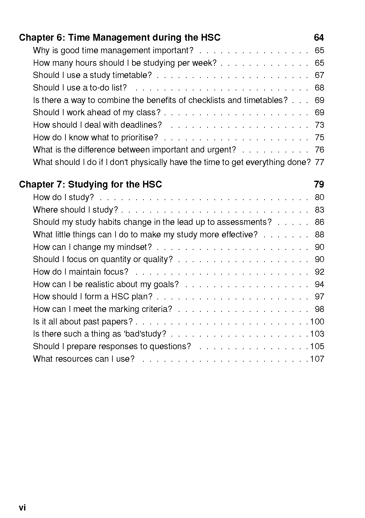 HSC Survival Guide study planner by ATAR Notes, displaying the table of contents page with chapter titles and page numbers.