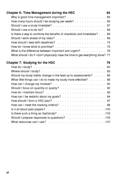 HSC Survival Guide study planner by ATAR Notes, displaying the table of contents page with chapter titles and page numbers.