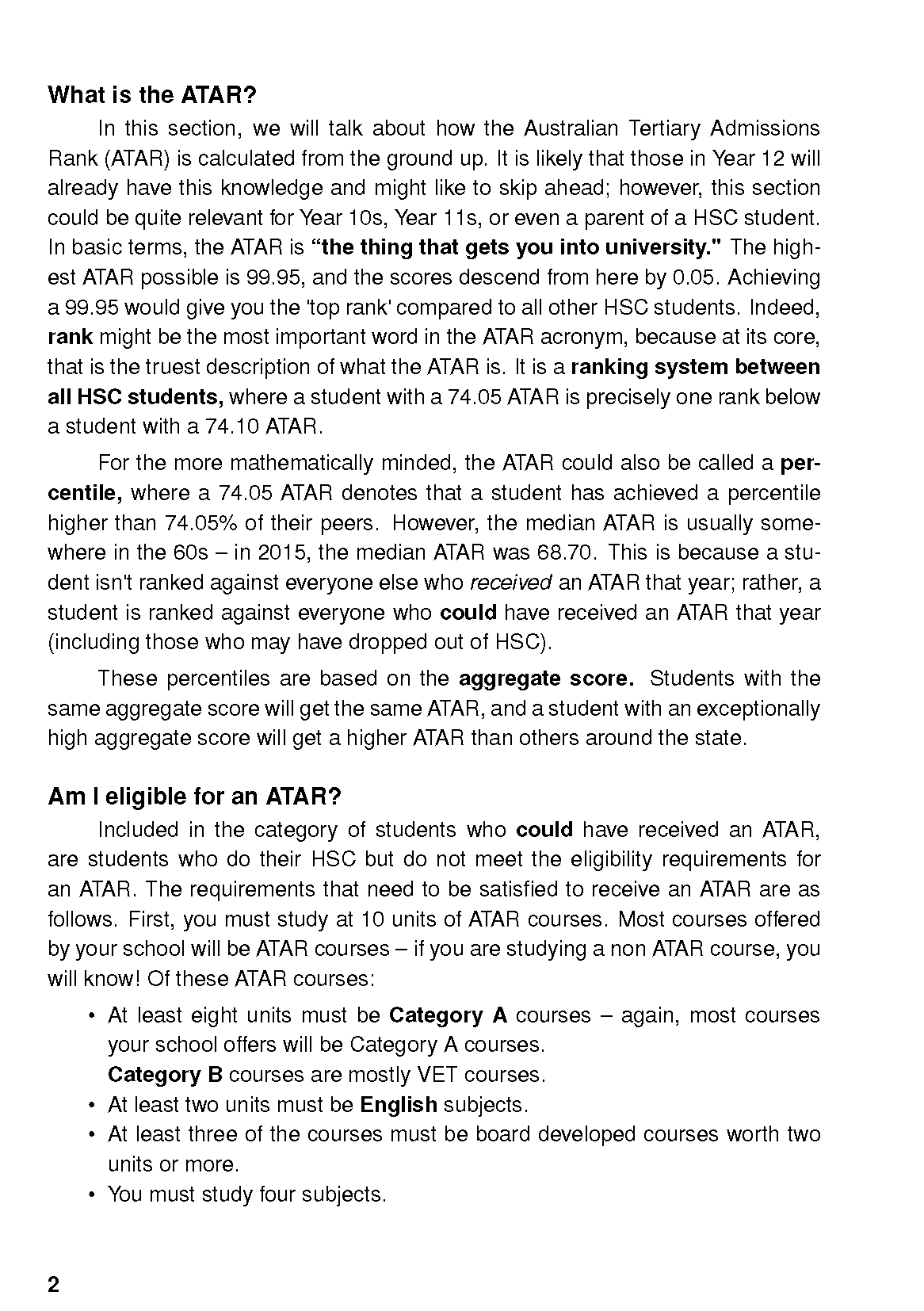 White page from the HSC Study Guide by ATAR Notes, detailing ATAR eligibility and courses.