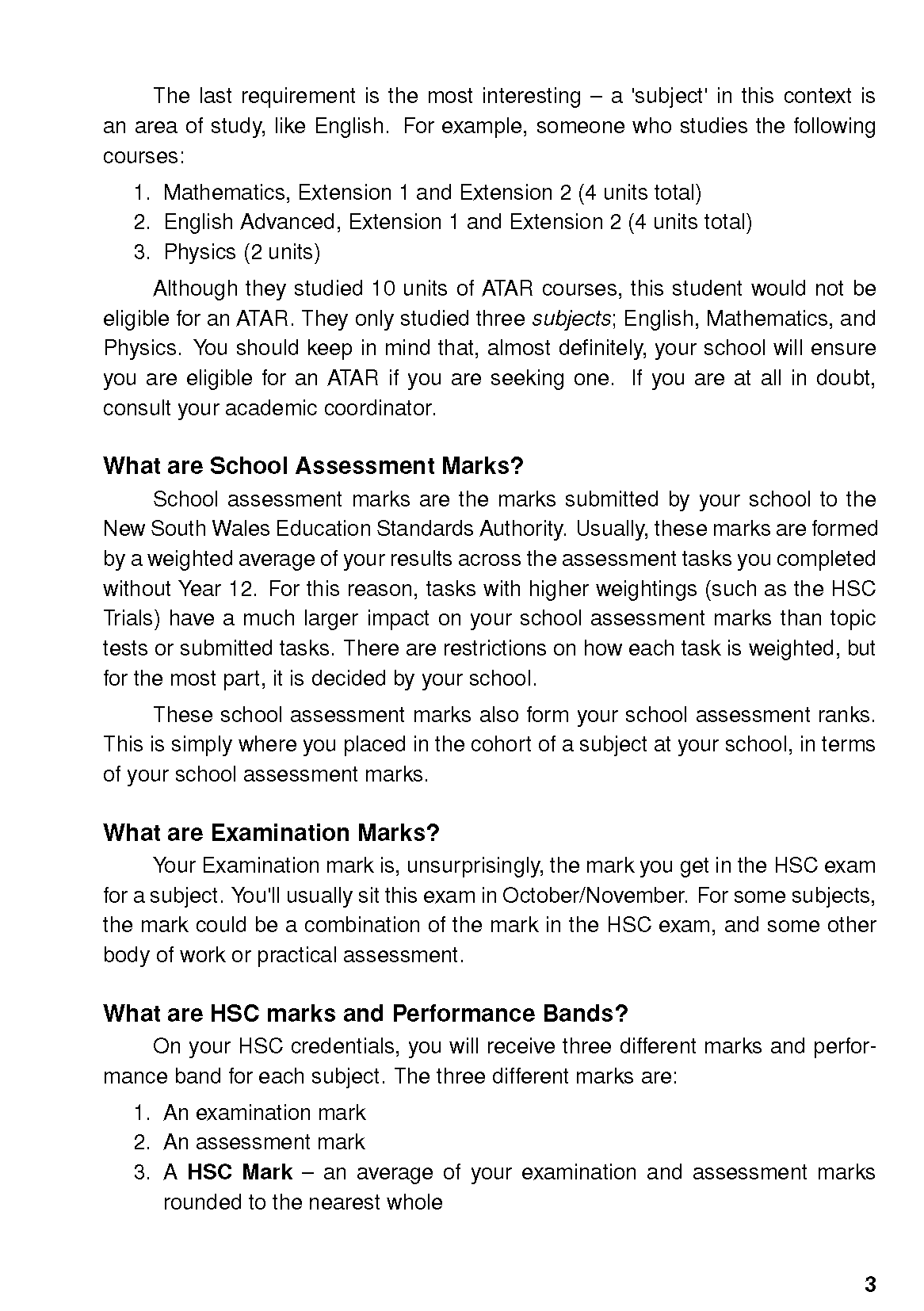 An HSC study guide page by ATAR Notes with black text on a white background, detailing assessment and examination marks.