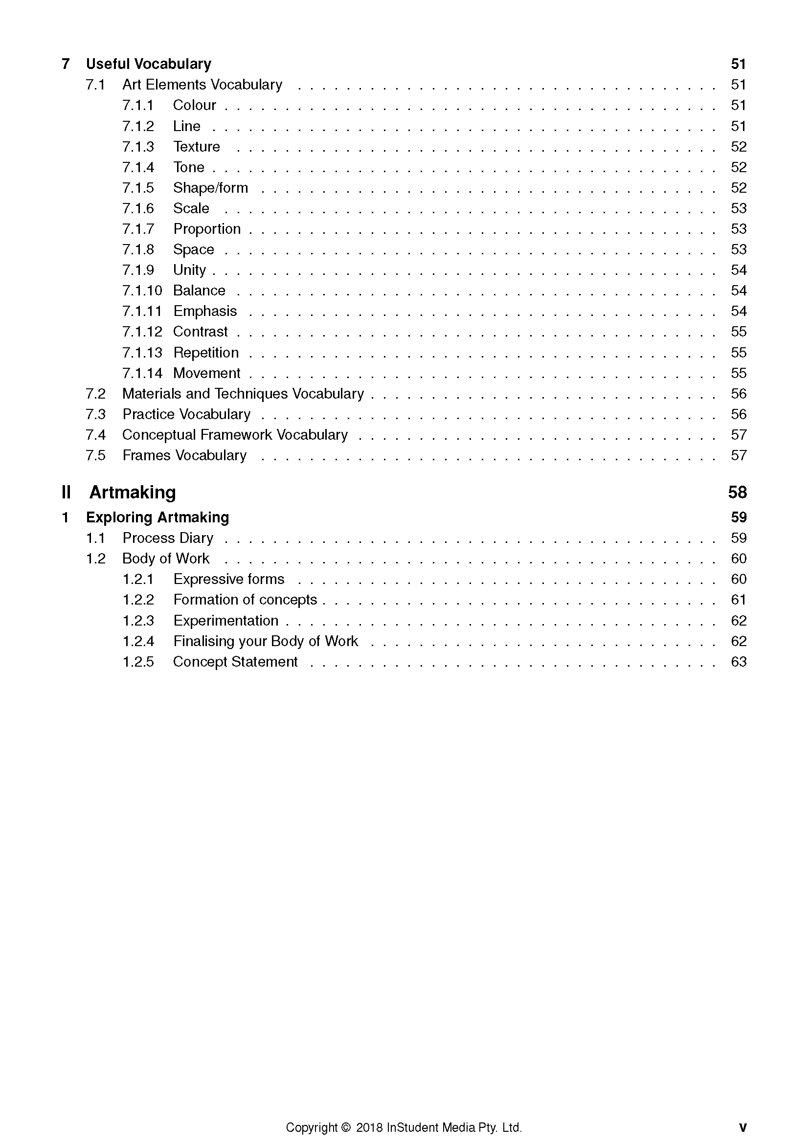 HSC Year 12 Visual Arts Complete Course Notes by ATAR Notes, displaying the table of contents with topics like 'Useful Vocabulary' and 'Artmaking'.