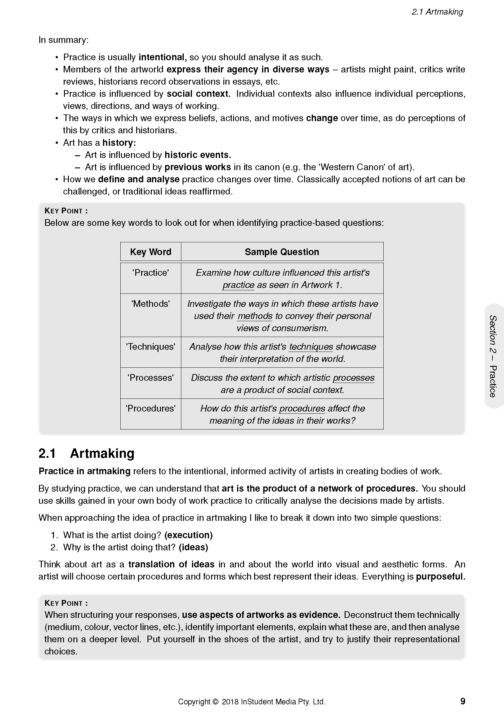 Visual Arts Course Notes by ATAR Notes, displaying a page with text, bullet points, and a table titled 'Key Word' and 'Sample Question'.