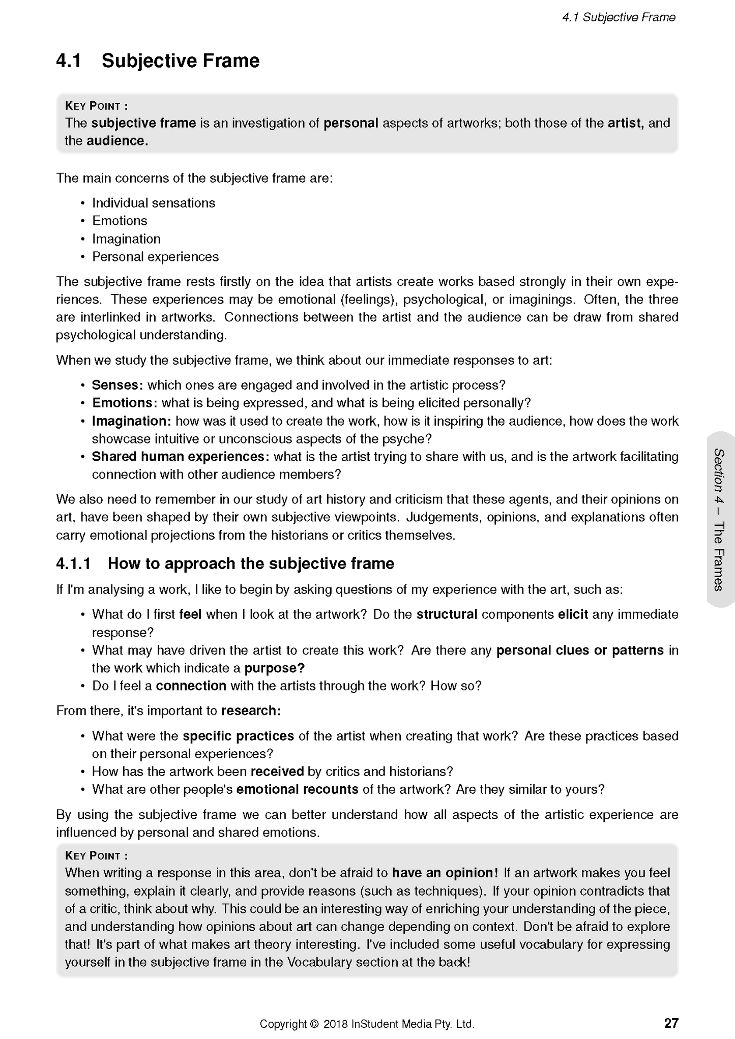 HSC Year 12 Visual Arts Course Notes by ATAR Notes, showing a page titled '4.1 Subjective Frame' with black text and grey boxes.