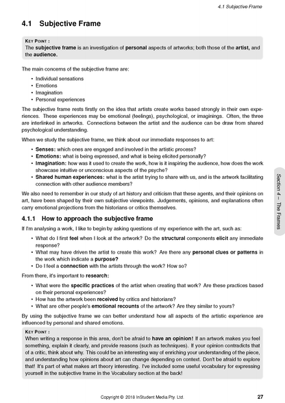 HSC Year 12 Visual Arts Course Notes by ATAR Notes, showing a page titled '4.1 Subjective Frame' with black text and grey boxes.