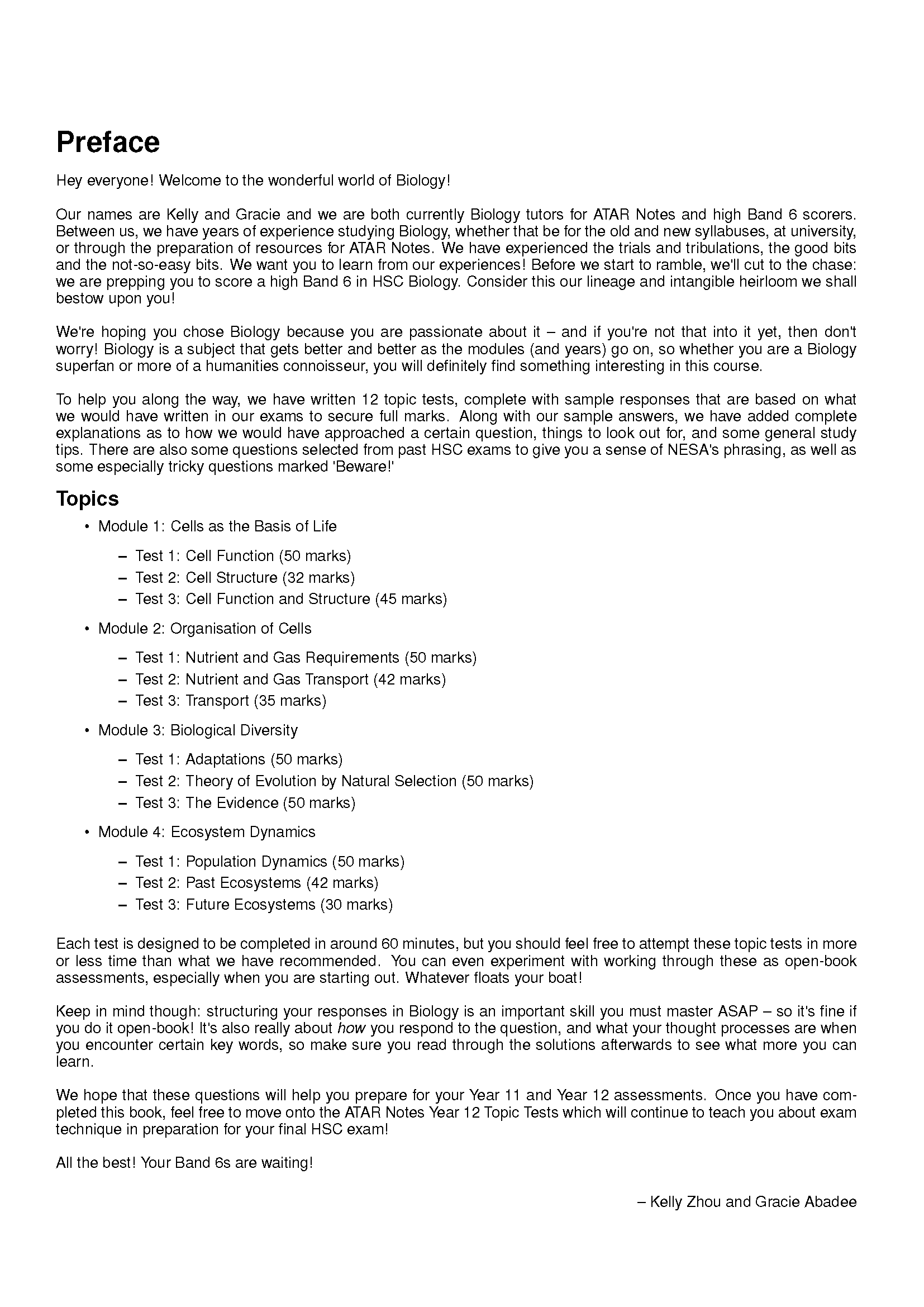 HSC Year 11 Biology Topic Tests by ATAR Notes, a white page displaying preface and module topics with mark allocations.
