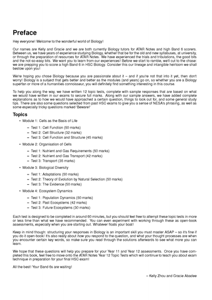 HSC Year 11 Biology Topic Tests by ATAR Notes, a white page displaying preface and module topics with mark allocations.
