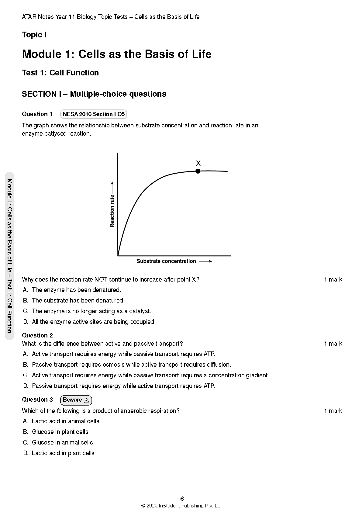 HSC Year 11 Biology Topic Tests by ATAR Notes, a white page showing multiple-choice questions and an enzyme kinetics graph.