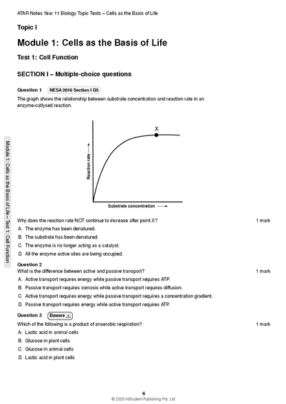 HSC Year 11 Biology Topic Tests by ATAR Notes, a white page showing multiple-choice questions and an enzyme kinetics graph.