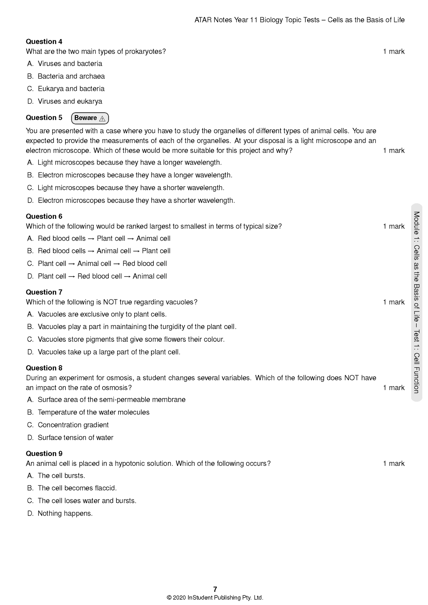 HSC Year 11 Biology Topic Tests by ATAR Notes, a white page featuring nine multiple-choice questions.