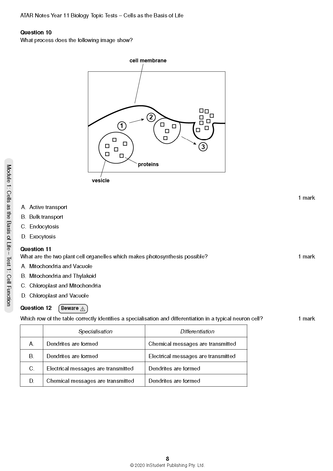 Biology topic test page by ATAR Notes showing cell membrane transport diagram and multiple-choice questions.