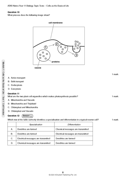 Biology topic test page by ATAR Notes showing cell membrane transport diagram and multiple-choice questions.