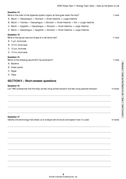 Biology Topic Tests by ATAR Notes, showing a printed page with multiple-choice and short-answer questions.