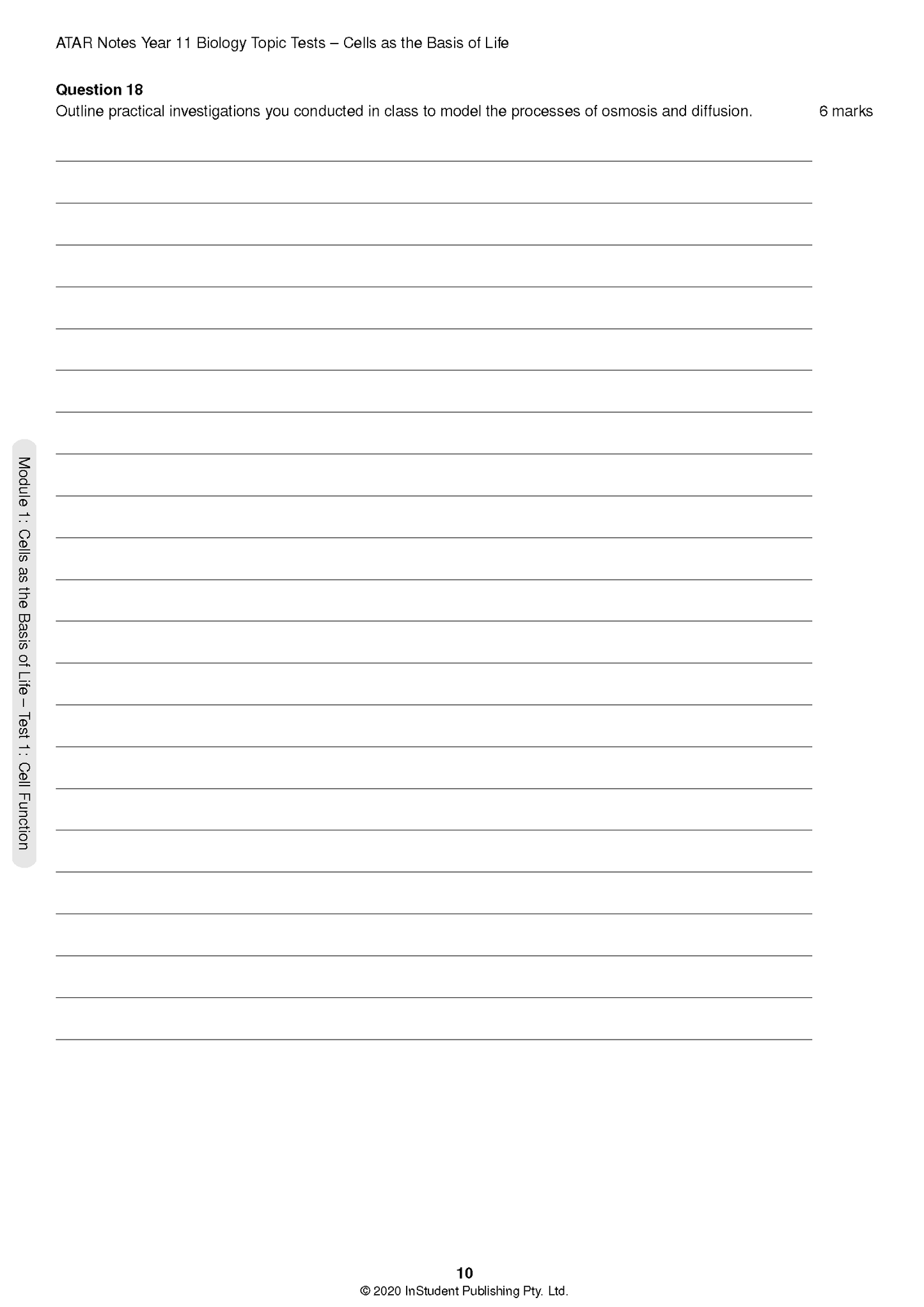 Year 11 Biology Topic Test by ATAR Notes, a page featuring question 18 on osmosis and diffusion with blank answer lines.