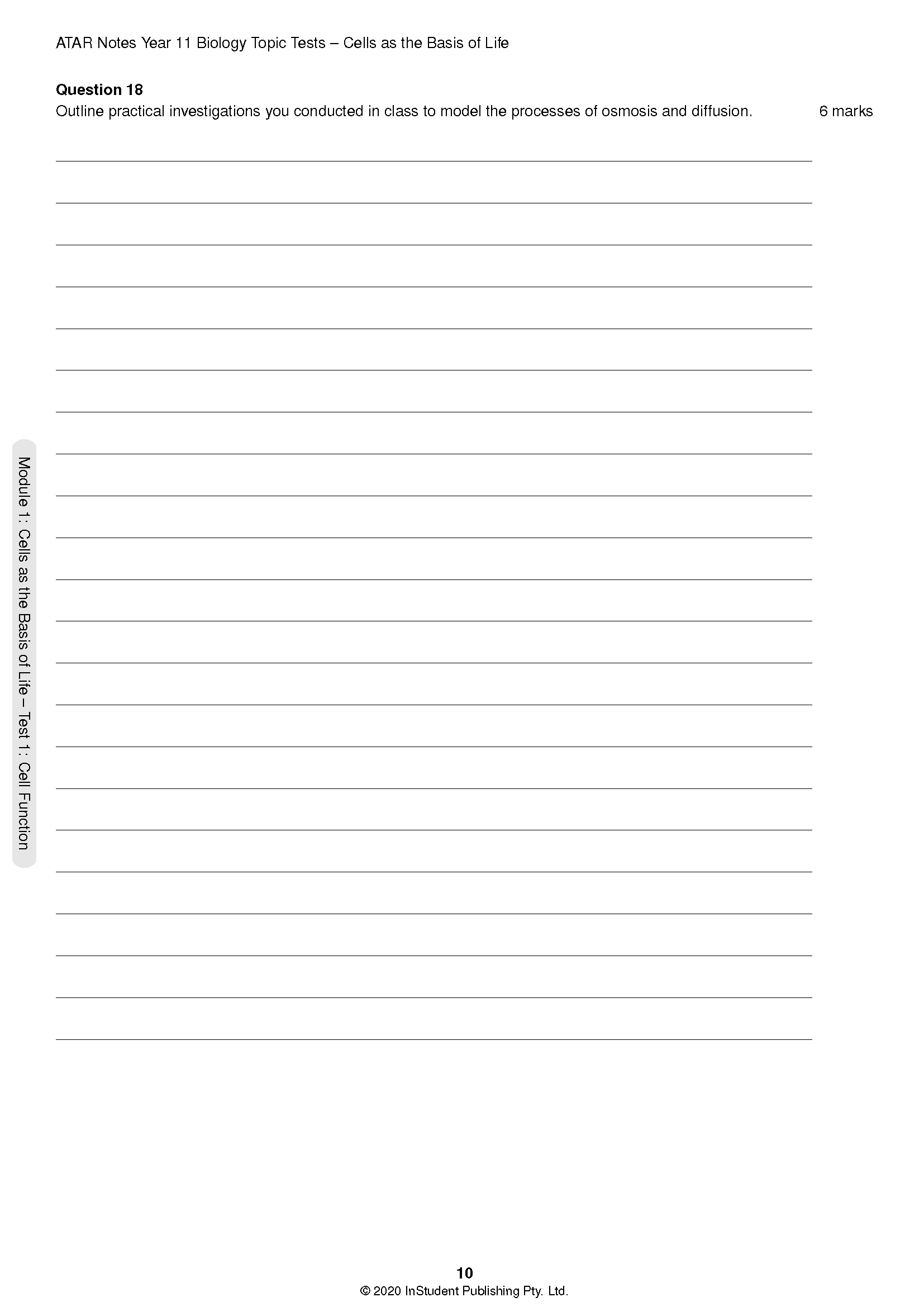 Year 11 Biology Topic Test by ATAR Notes, a page featuring question 18 on osmosis and diffusion with blank answer lines.