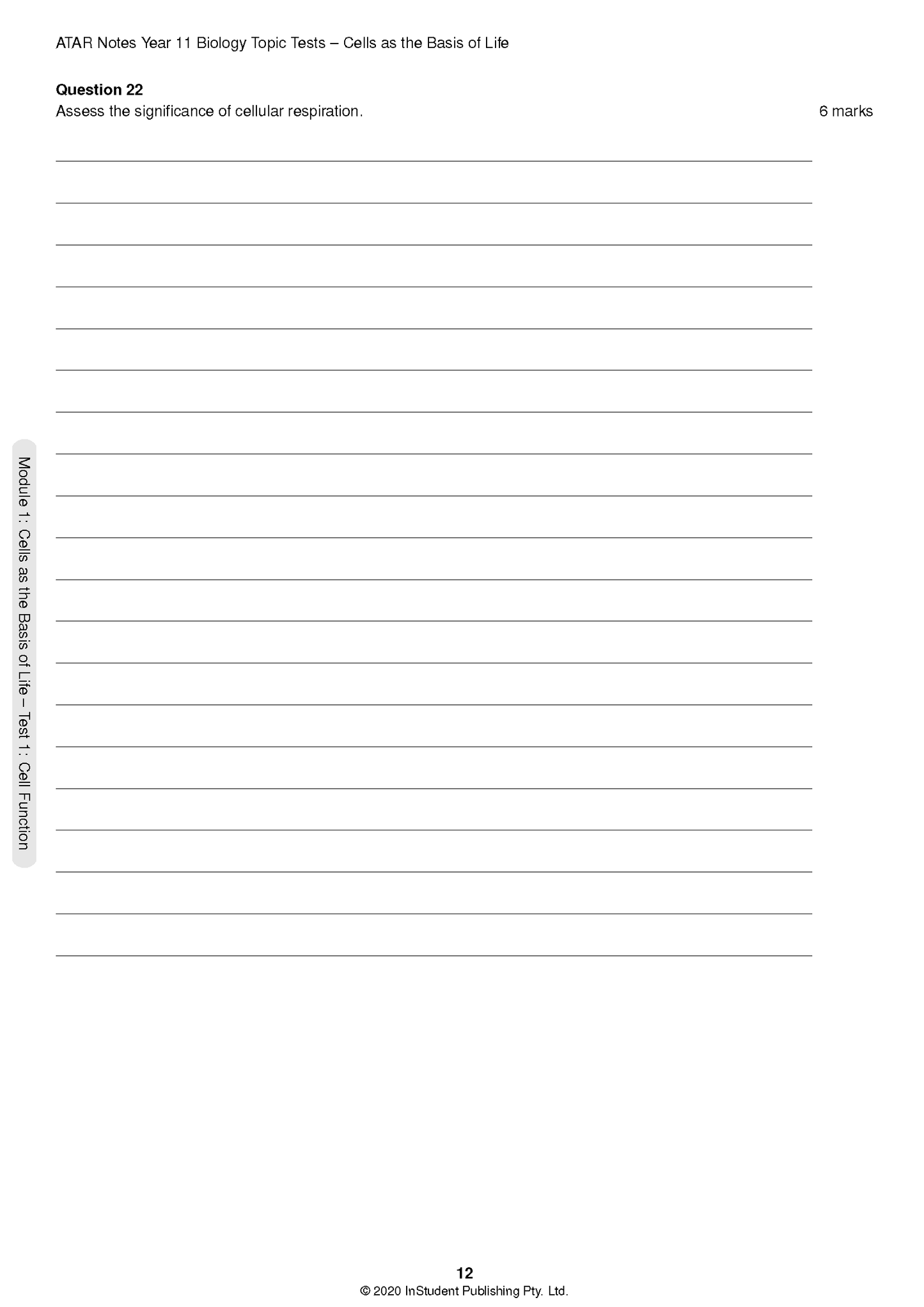 White Biology Topic Test booklet page by ATAR Notes, displaying Question 22 and blank ruled lines for answers, with page number 12.