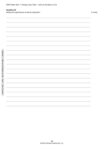 White Biology Topic Test booklet page by ATAR Notes, displaying Question 22 and blank ruled lines for answers, with page number 12.