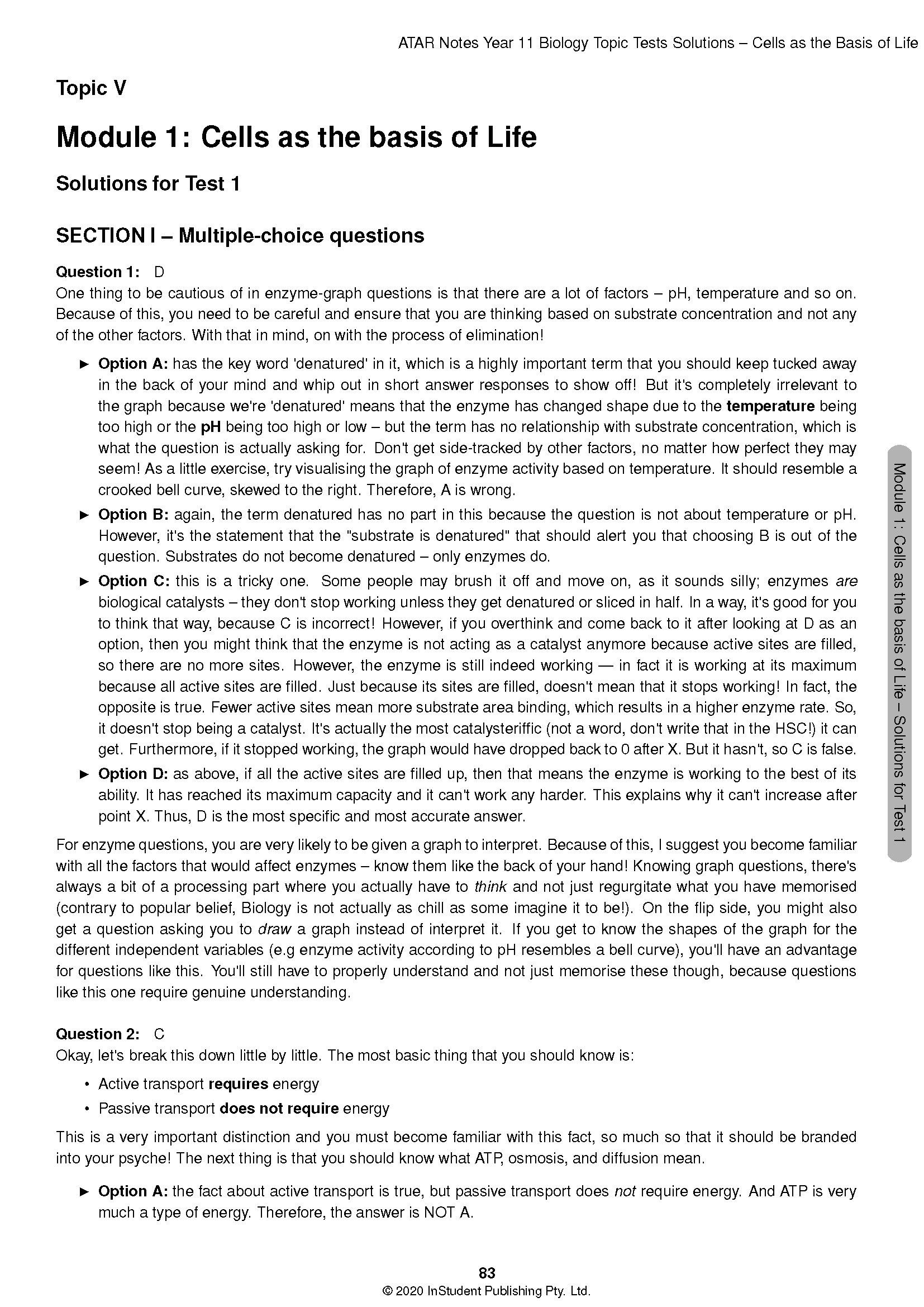 Year 11 Biology Topic Tests by ATAR Notes HSC, showing a solutions page with multiple-choice questions for 'Cells as the basis of Life'.