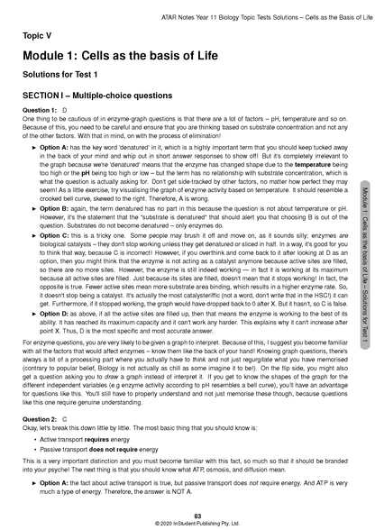 Year 11 Biology Topic Tests by ATAR Notes HSC, showing a solutions page with multiple-choice questions for 'Cells as the basis of Life'.