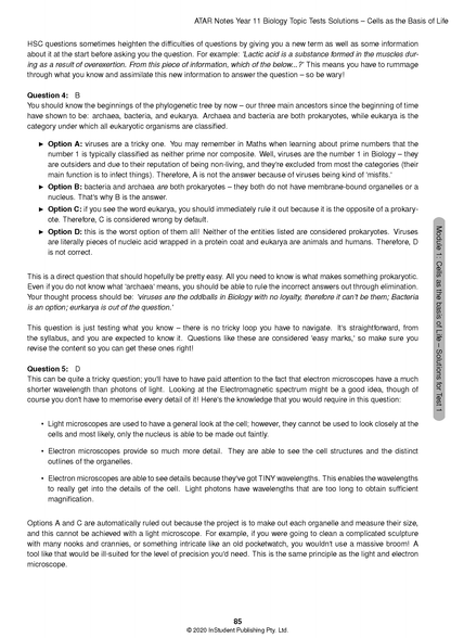 Topic Tests by ATAR Notes, showing a white page filled with biology questions and detailed solutions.