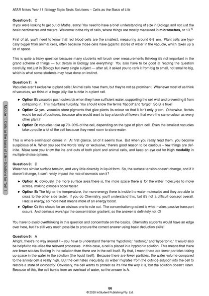 Biology Topic Test solutions page, white with black text by ATAR Notes, displaying questions 6-9, answers, and detailed explanations.