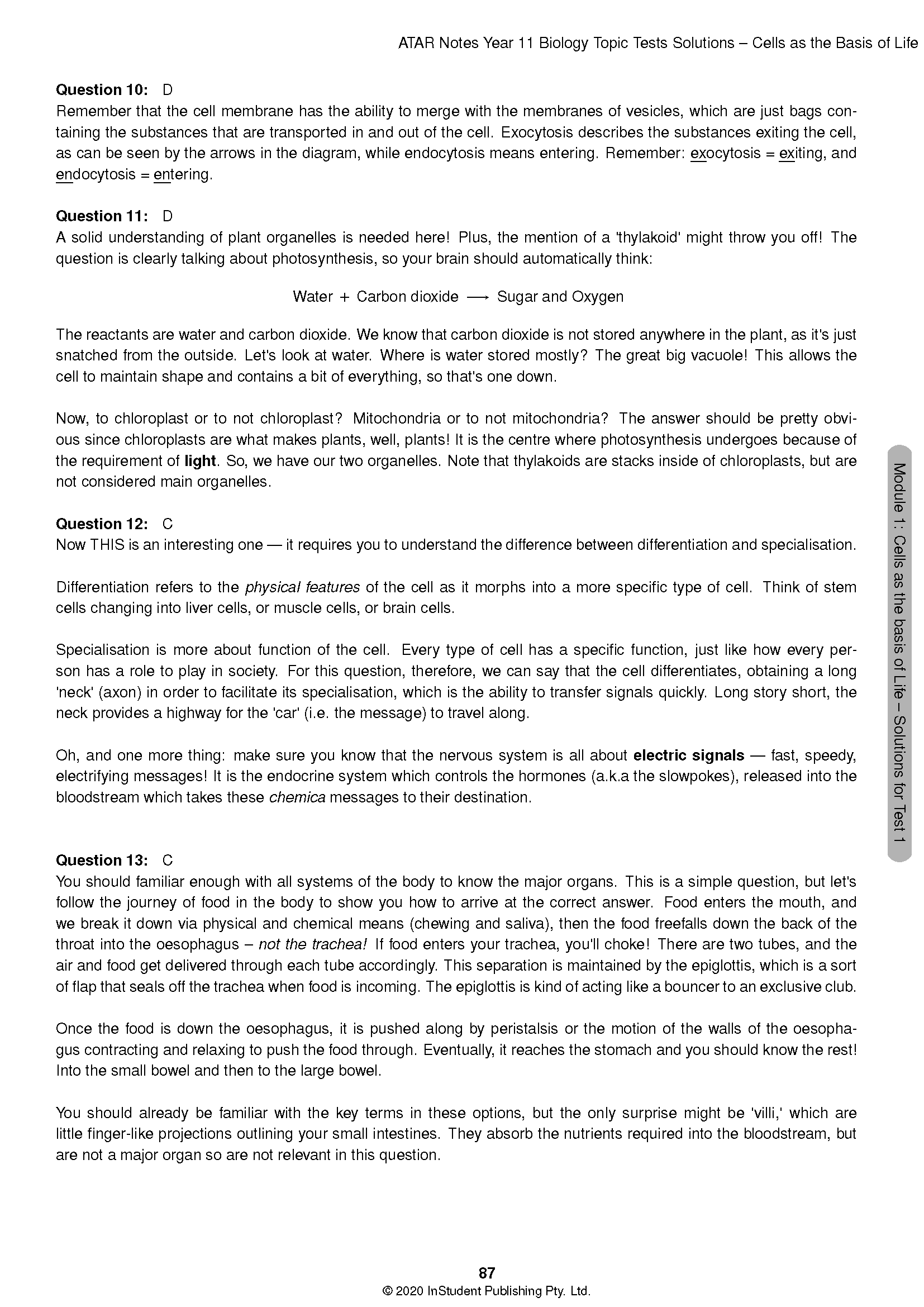Printed pages of Biology Topic Tests solutions by ATAR Notes, featuring black text on white paper, including questions, answers, and page 87.