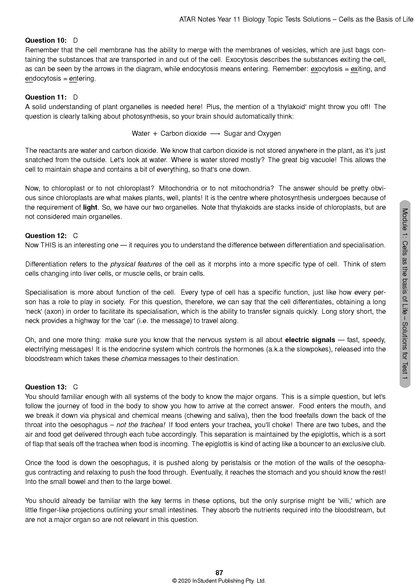 Printed pages of Biology Topic Tests solutions by ATAR Notes, featuring black text on white paper, including questions, answers, and page 87.
