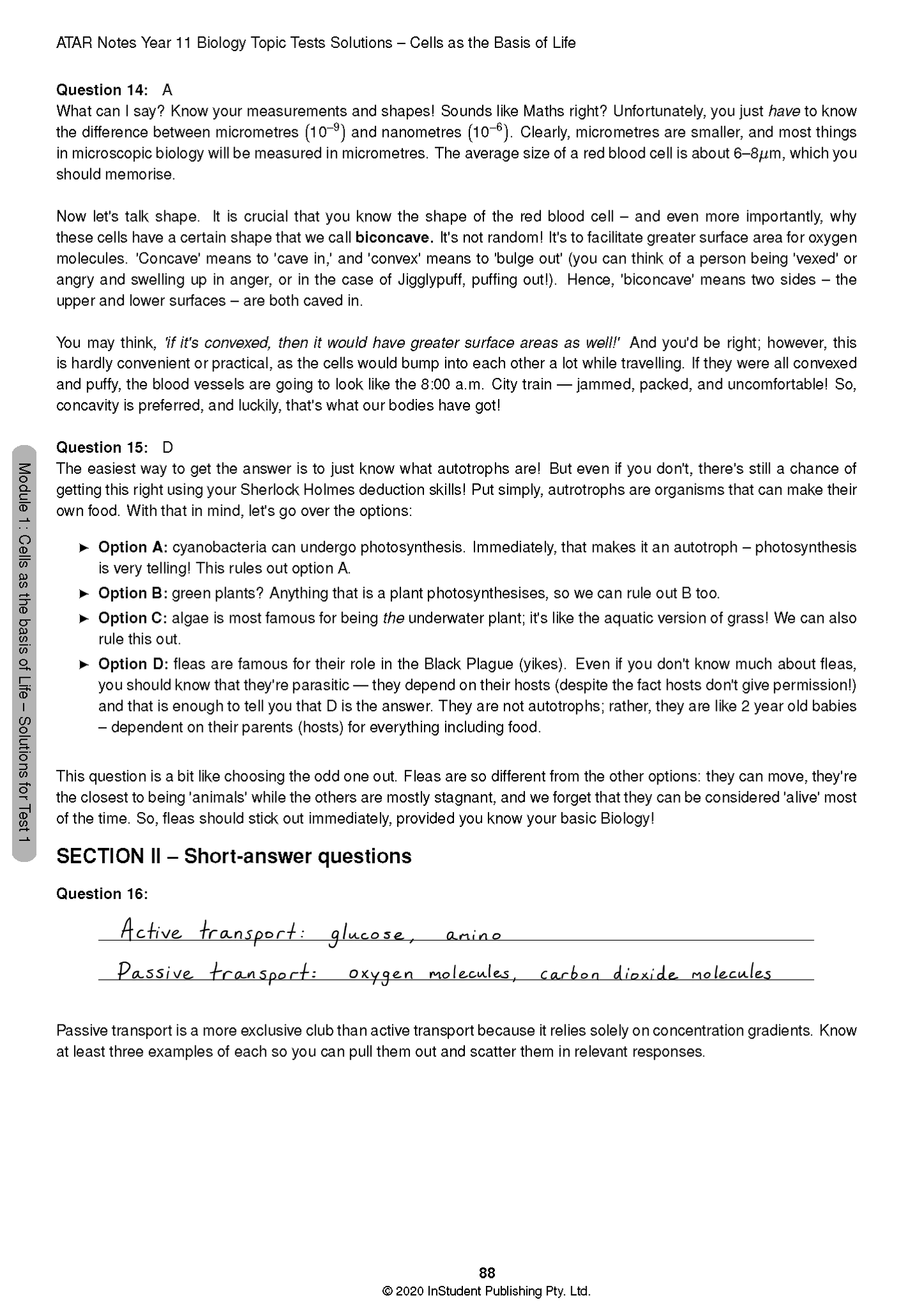 HSC Year 11 Biology Topic Tests by ATAR Notes, showing questions on cell biology and handwritten answers for active and passive transport.