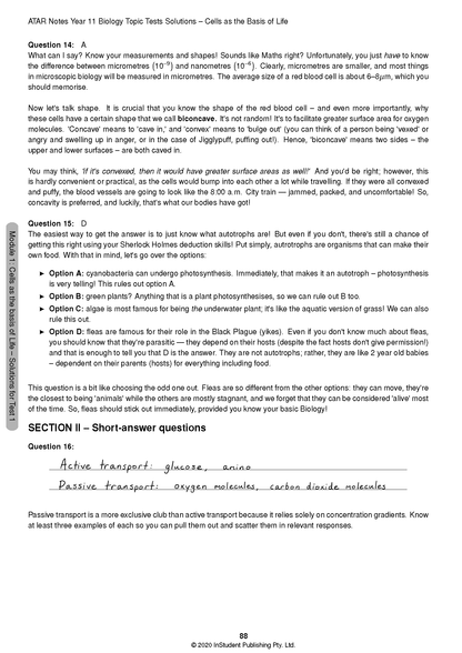 HSC Year 11 Biology Topic Tests by ATAR Notes, showing questions on cell biology and handwritten answers for active and passive transport.