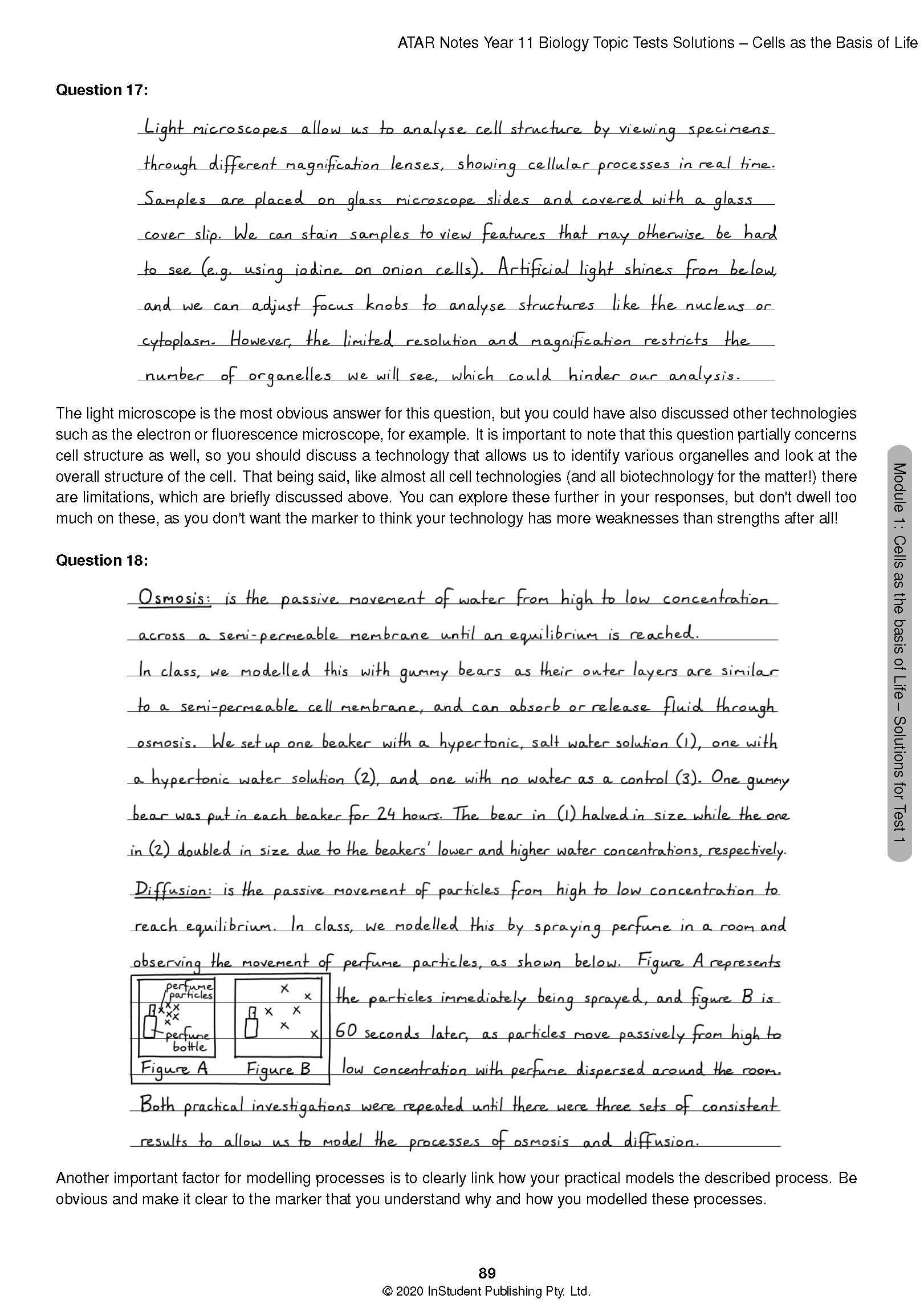 Handwritten Biology Topic Tests page by ATAR Notes, showing questions, solutions, and diagrams for osmosis and diffusion.