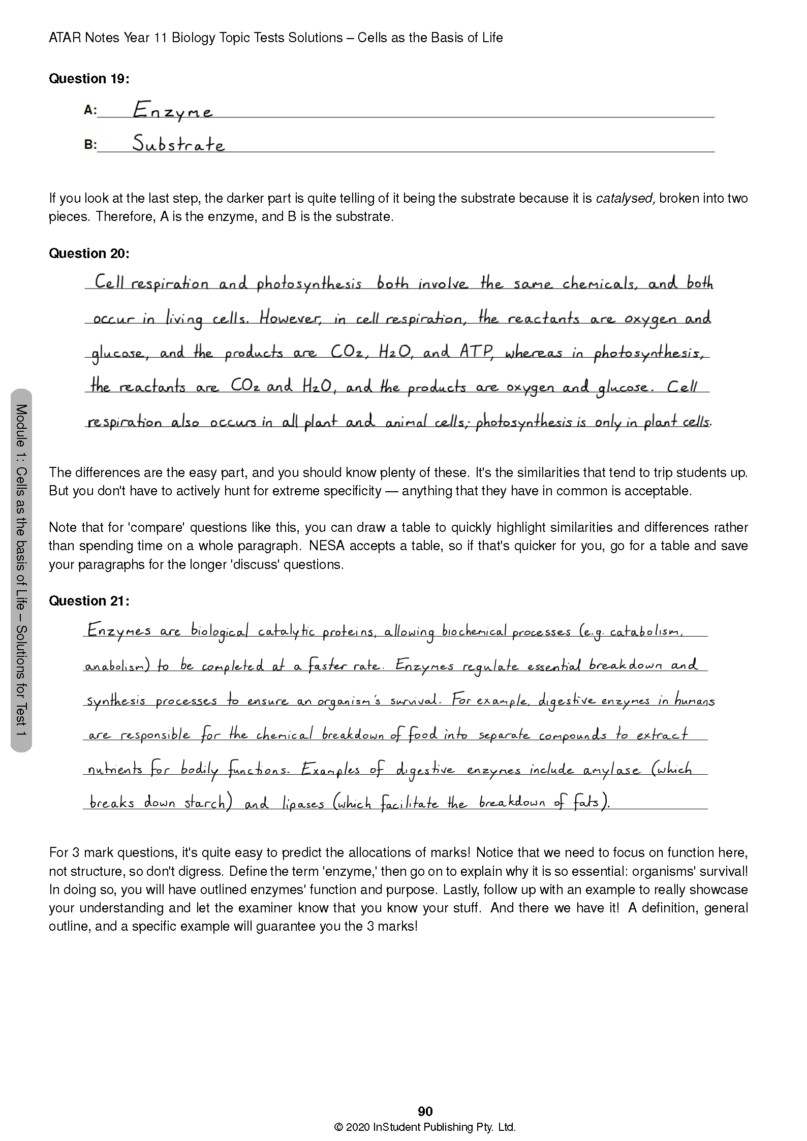 Year 11 Biology Topic Tests solutions by ATAR Notes, showing a page with questions and handwritten answers.