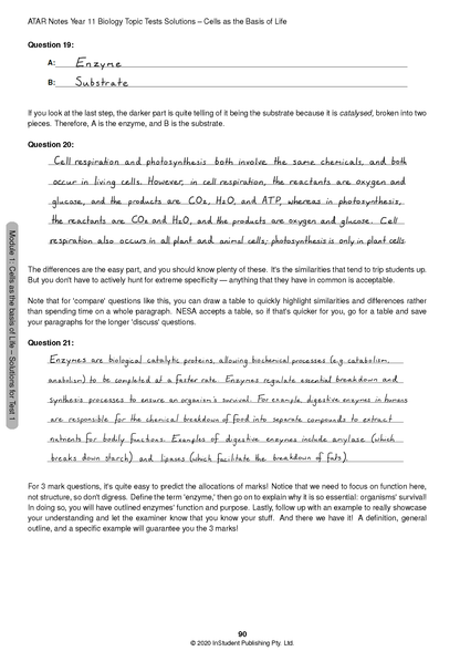 Year 11 Biology Topic Tests solutions by ATAR Notes, showing a page with questions and handwritten answers.
