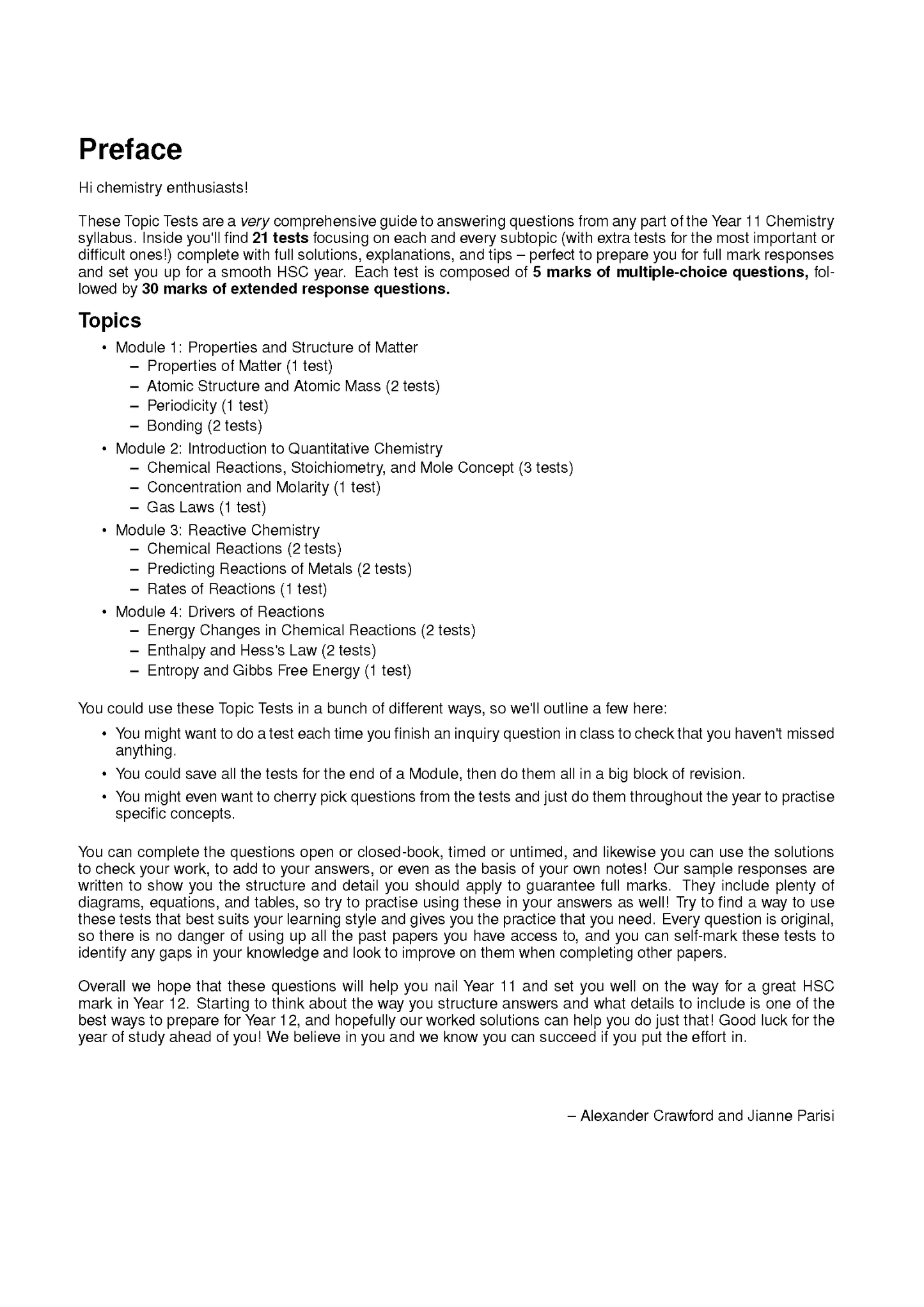 HSC Year 11 Chemistry Topic Tests by ATAR Notes, displaying the preface page with course module and test details.