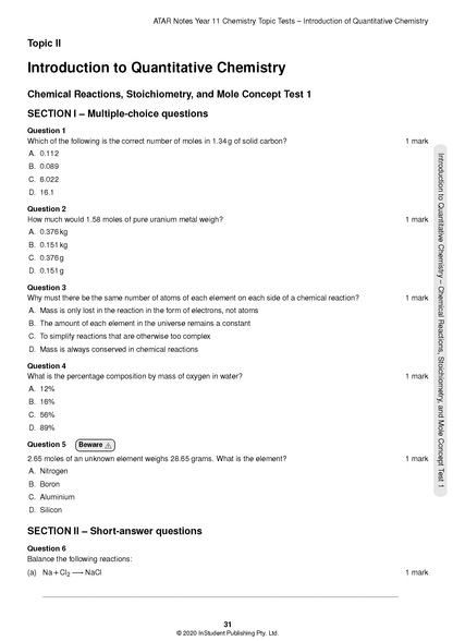 HSC Year 11 Chemistry Topic Tests by ATAR Notes, displaying quantitative chemistry questions on a white page.