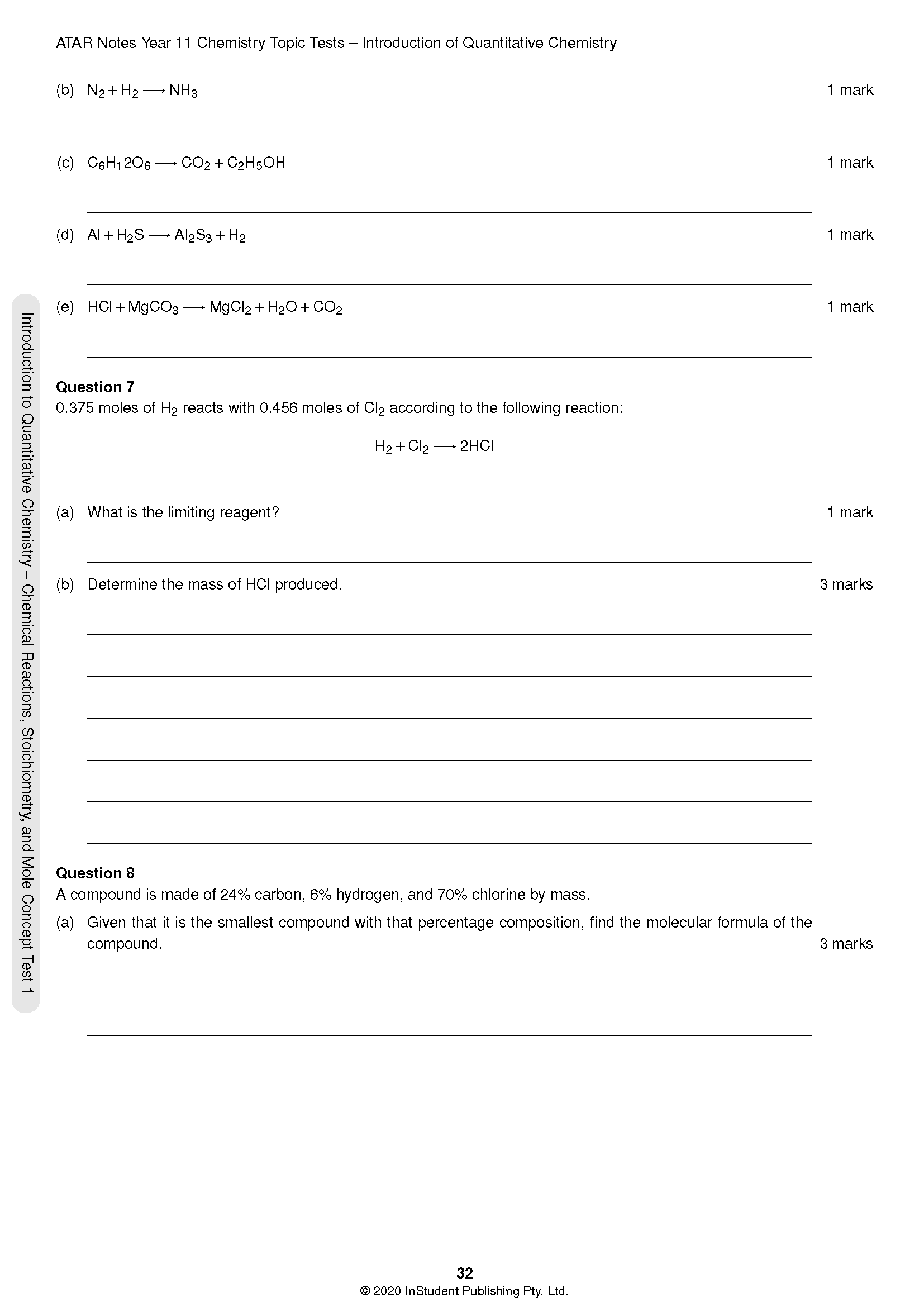 Chemistry Topic Tests page by ATAR Notes, displaying quantitative chemistry and stoichiometry problems for Year 11.
